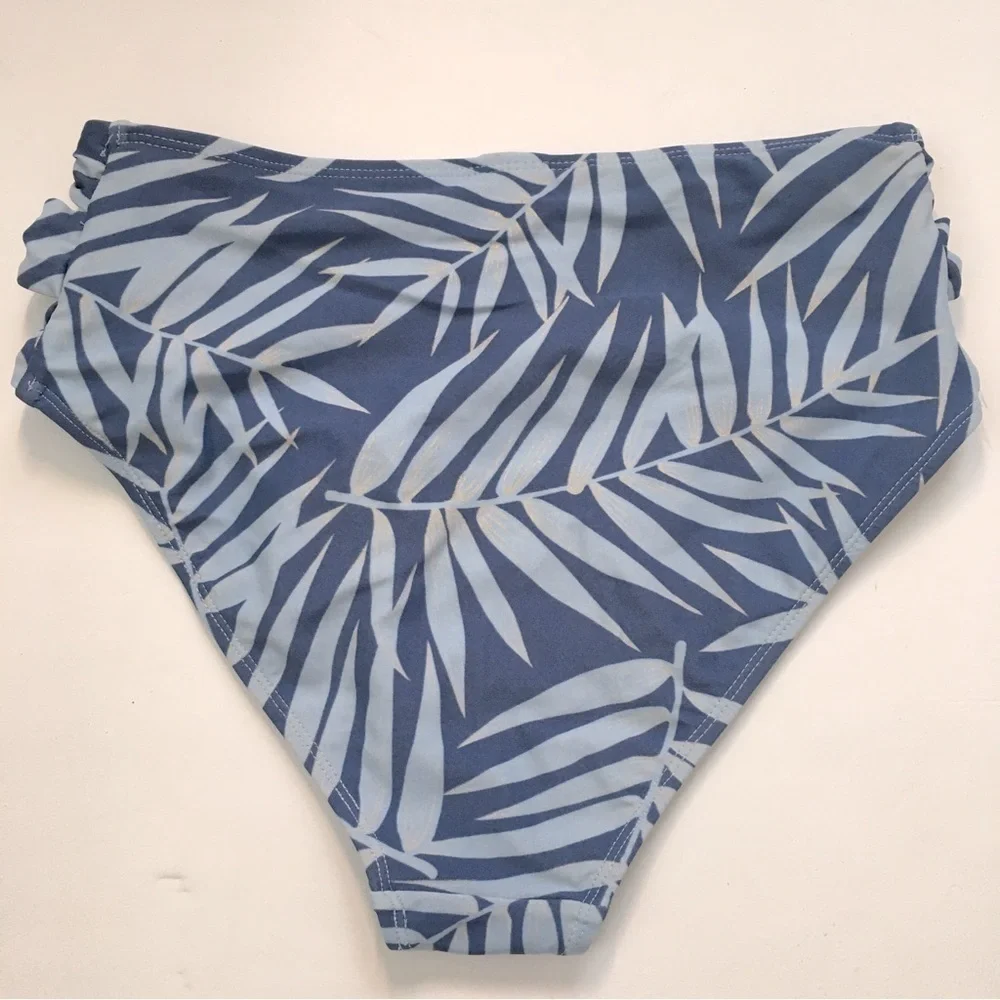 Xhiliration Blue Palm print High Waist Swimsuit Bikini Bottom